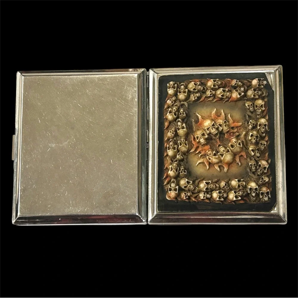 Vintage Y2K Skull Flames 3D Resin Chrome Metal Cigarette Case Card Holder 4x3